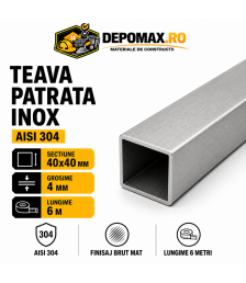 Teava patrata inox AISI 304, 40 x 40 x 4 mm, 6 metri